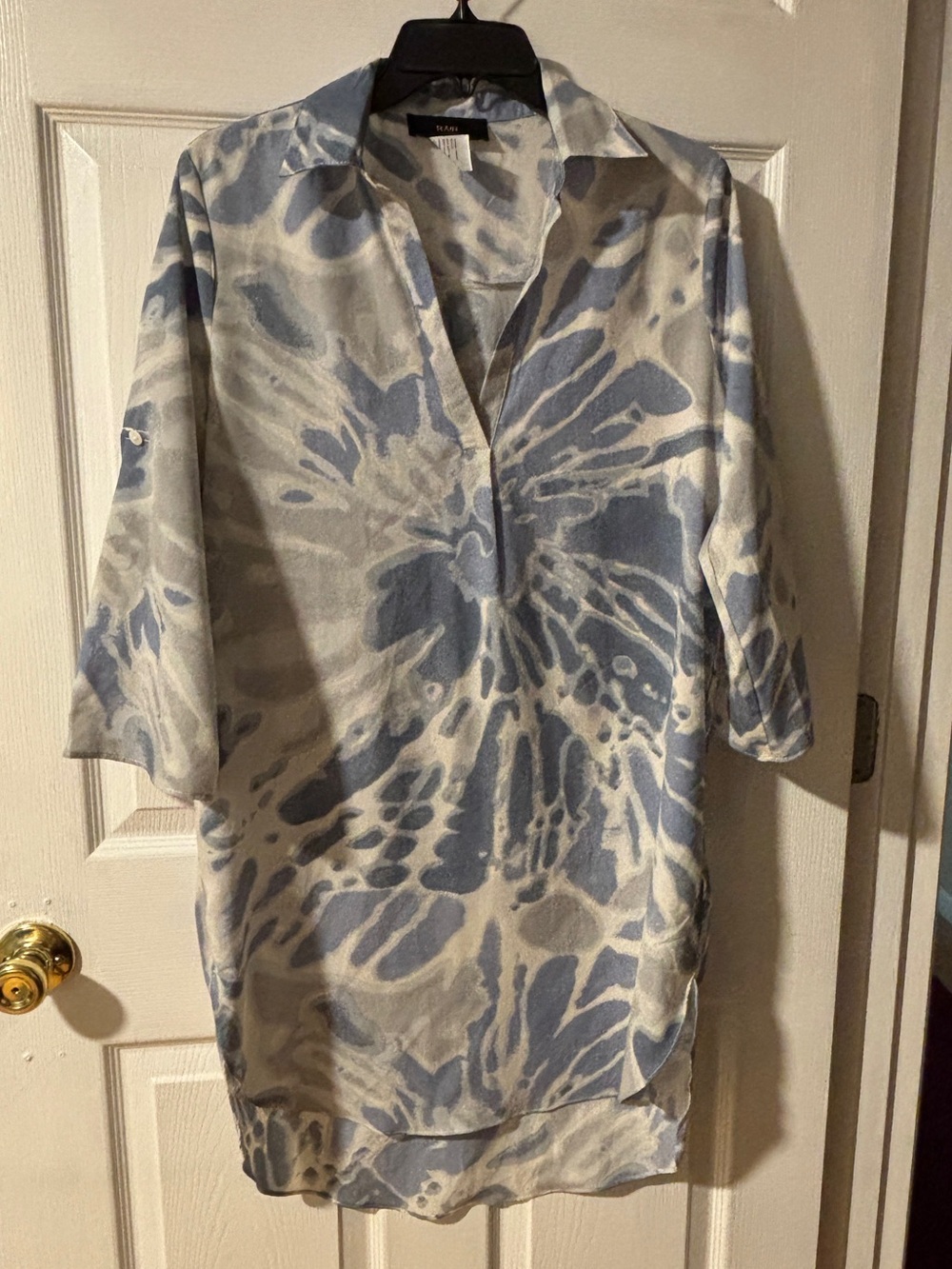 Blue Rain Tie Dye Tunic Dress Roll Tab Sleeve V-Neck Blue Grey Boho Oversized S